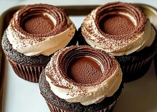 Delicious Chocolate Tiramisu Cupcakes topped with cocoa powder and coffee syrup.