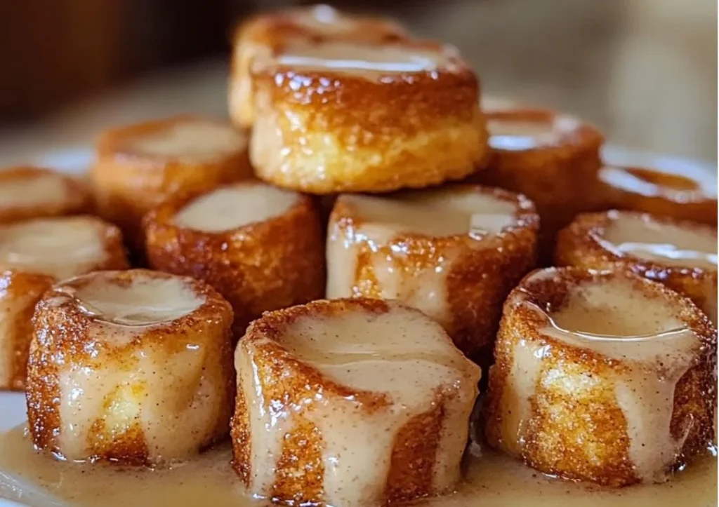 Cinnamon roll French toast bites served on a plate with syrup and berries