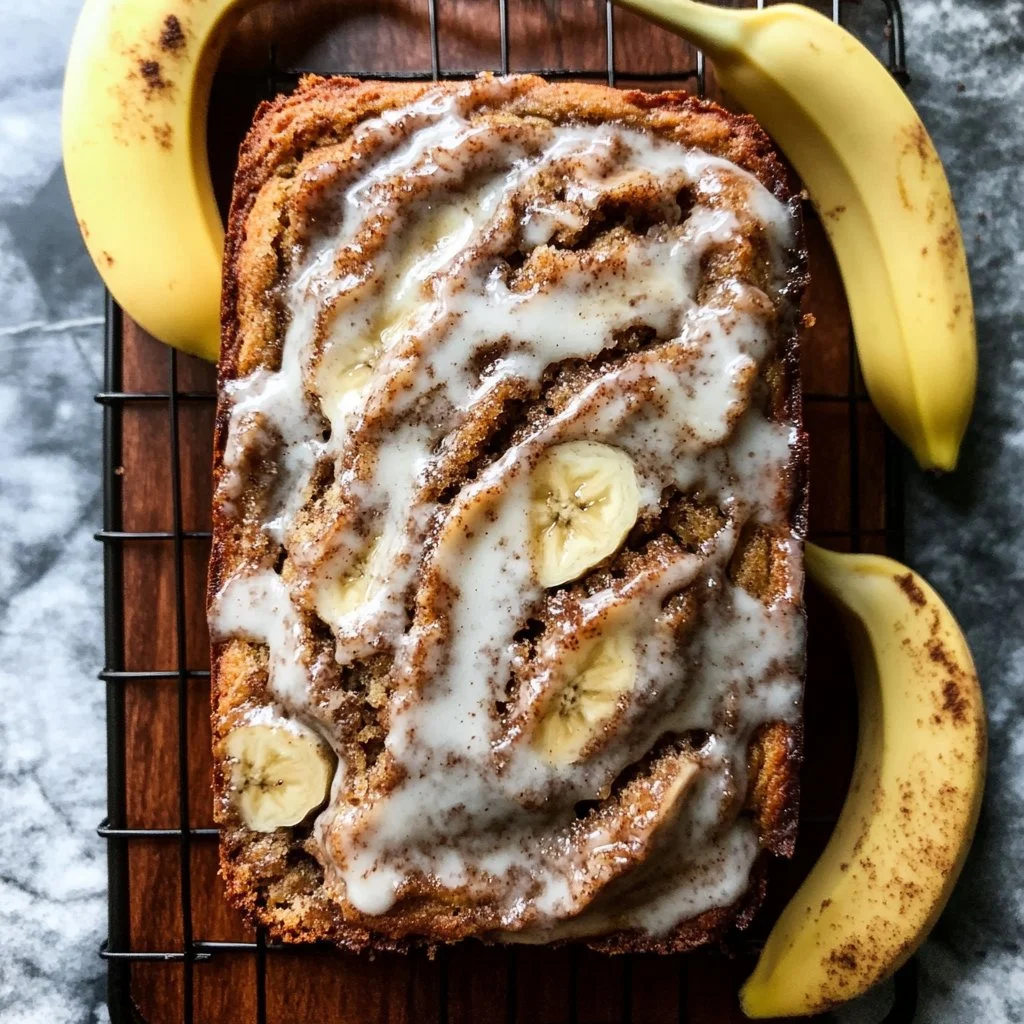 Sliced Cinnamon Swirl Banana Bread with a moist texture and a cinnamon topping