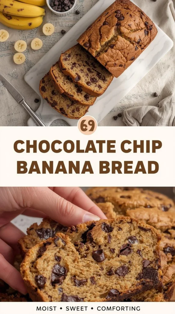 A loaf of classic chocolate chip banana bread, fresh out of the oven.