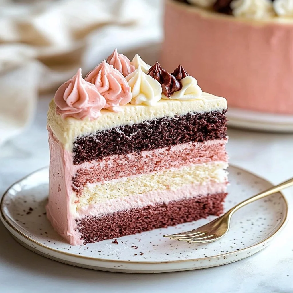 A beautifully layered classic Neapolitan cake with chocolate, vanilla, and strawberry flavors.