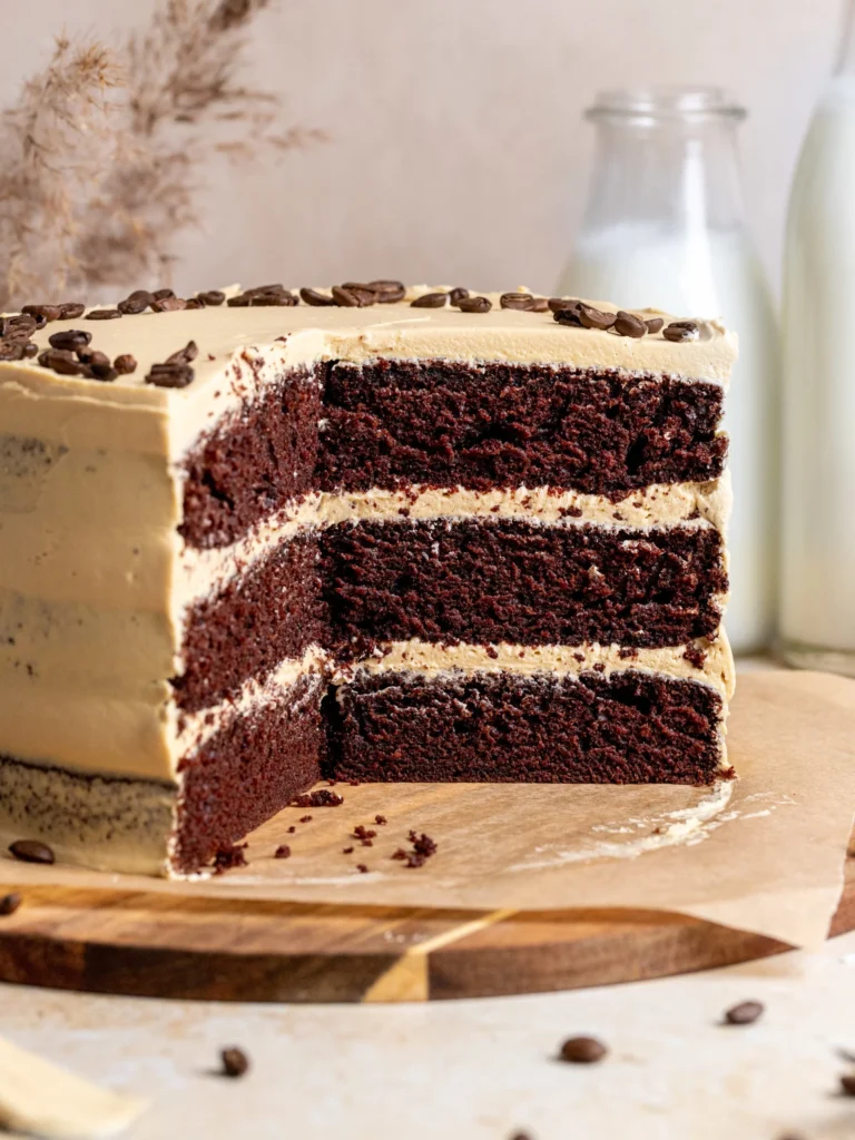 Moist and rich Coffee Chocolate Cake topped with chocolate frosting