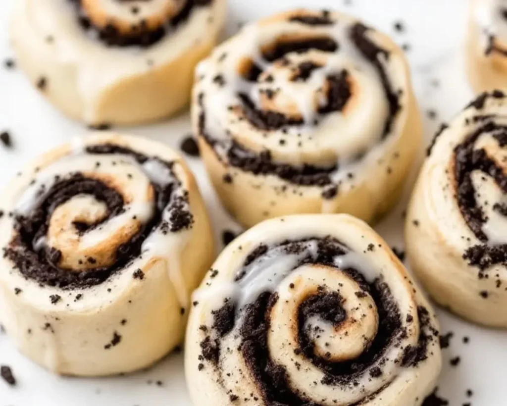 Delicious Cookies and Cream Cinnamon Rolls topped with creamy icing
