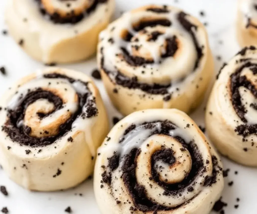 Delicious cookies and cream cinnamon rolls topped with creamy frosting