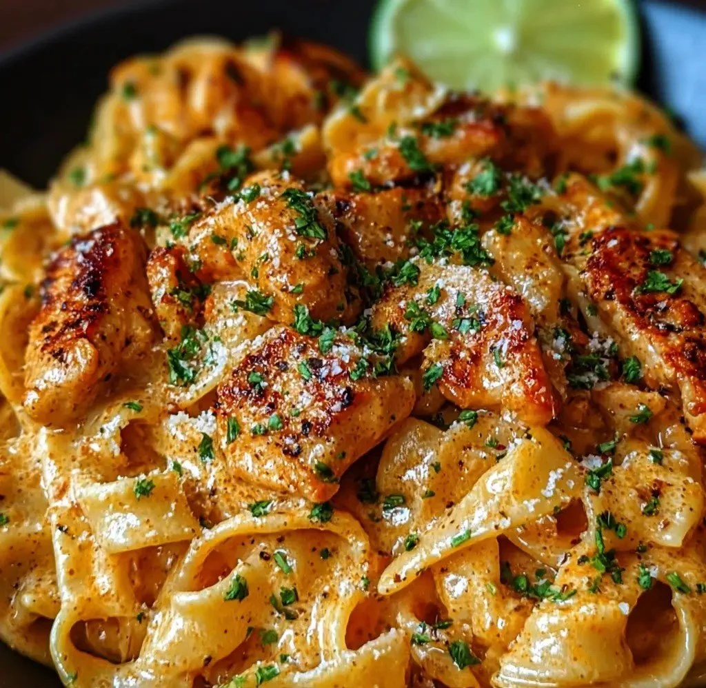 Bowl of Cowboy Butter Chicken Pasta with creamy sauce and garnish