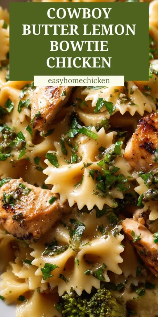 Cowboy Butter Lemon Bowtie Chicken with Broccoli dish plated elegantly