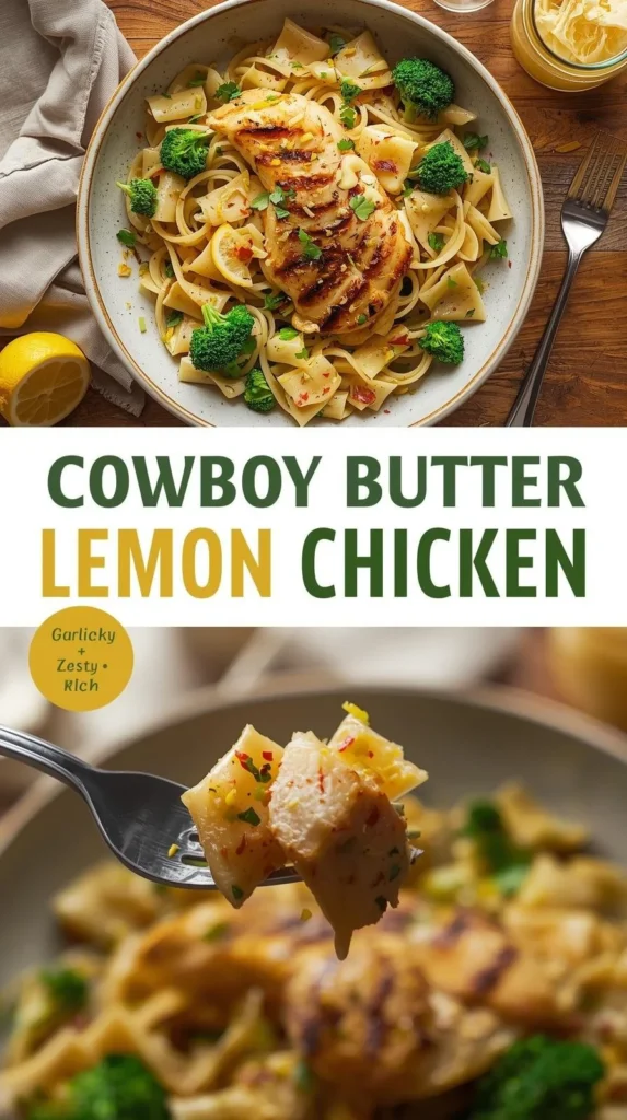 Cowboy Butter Lemon Bowtie Chicken served with fresh broccoli