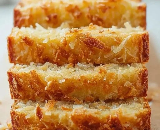 Slice of cozy pineapple coconut bread with tropical ingredients