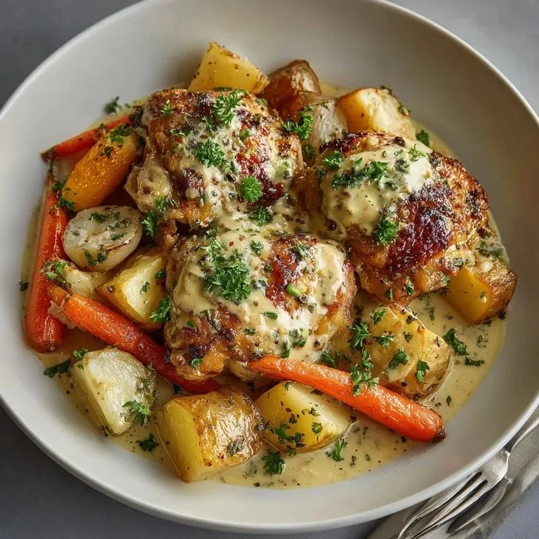 Delicious creamy baked Dijon chicken thighs served with a side of vegetables