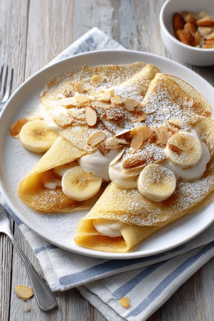 Delicious creamy banana crepes drizzled with syrup and garnished with fresh bananas.