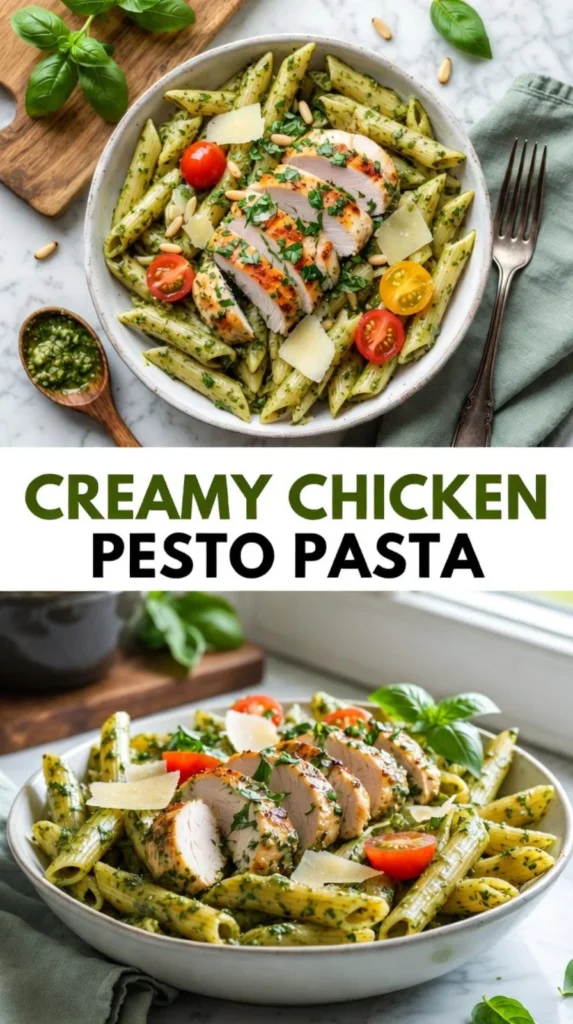 Creamy chicken pesto pasta served in a bowl with fresh basil on top.