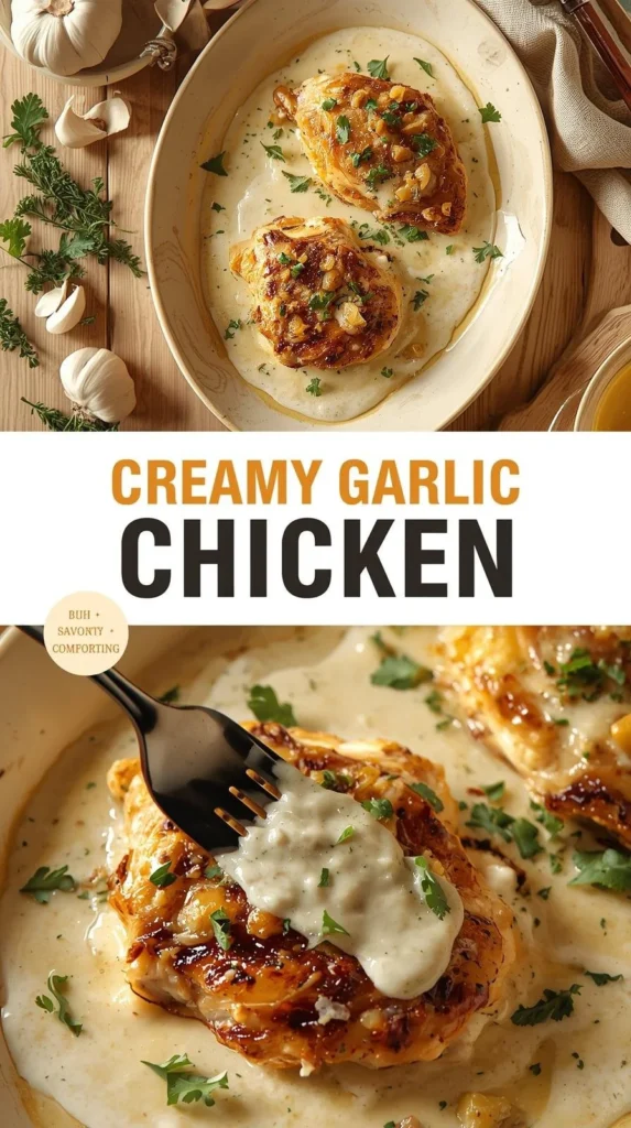 Delicious creamy garlic chicken served on a plate with fresh herbs and sides.