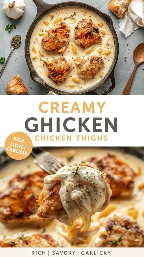 Delicious creamy garlic chicken served on a plate with herbs