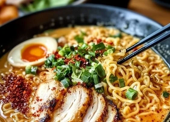 Bowl of creamy garlic chicken ramen topped with herbs and sliced chicken.