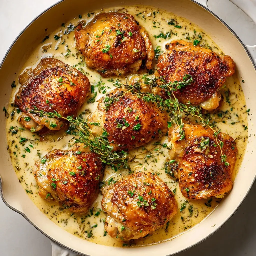 Creamy garlic chicken thighs served with fresh herbs and garlic sauce.