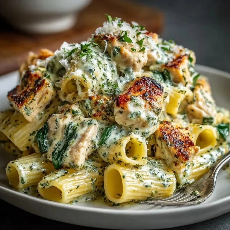 Creamy pesto chicken pasta bake served in a baking dish.