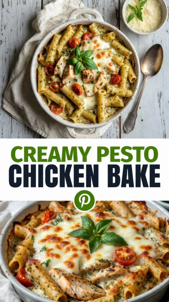 Creamy pesto chicken pasta bake topped with cheese and fresh herbs