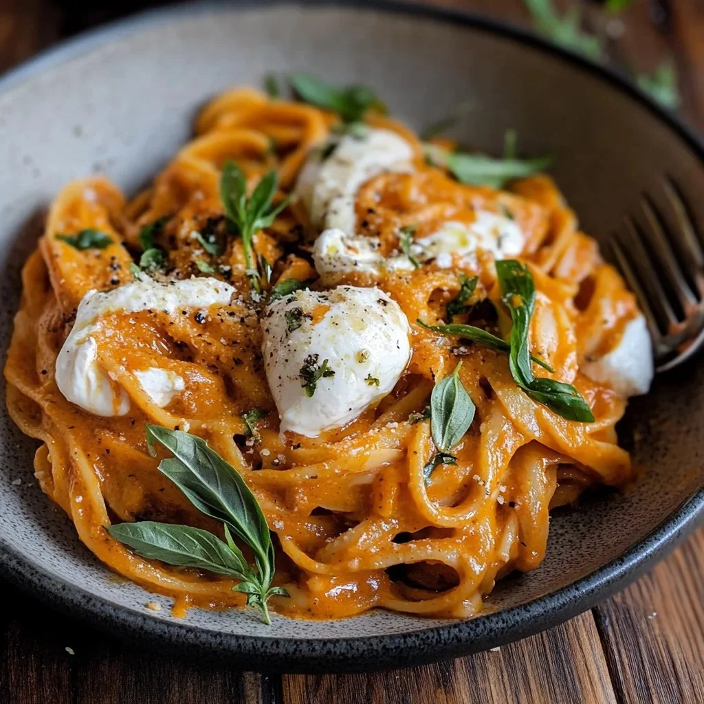 Creamy red pepper pasta topped with burrata and fresh herbs in a bowl.