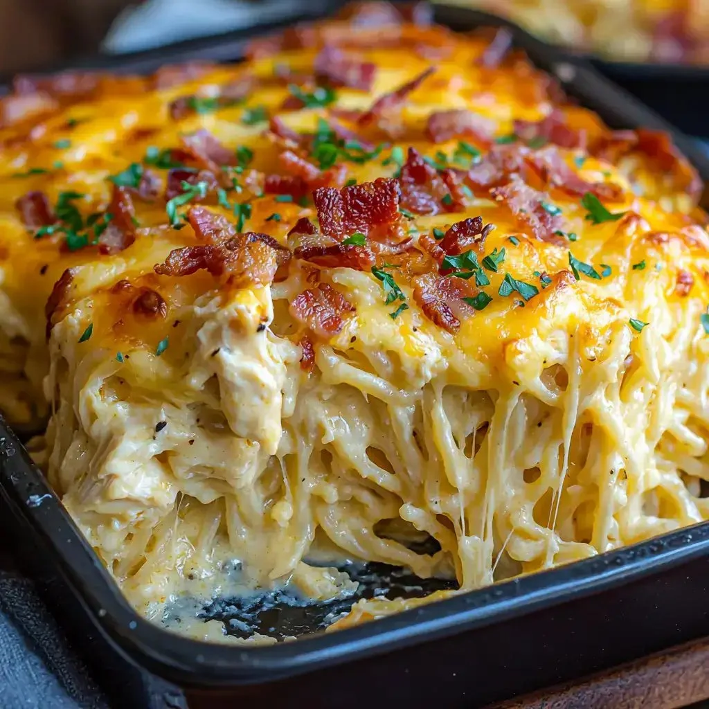 Creamy Southern Spaghetti Bake served in a baking dish