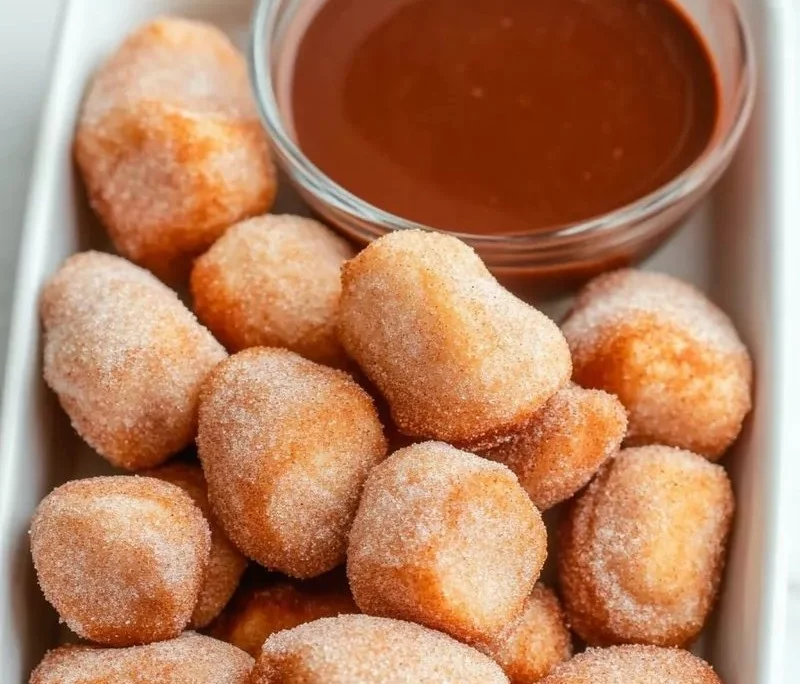 Crispy air fryer churro bites drizzled with chocolate sauce and sugar