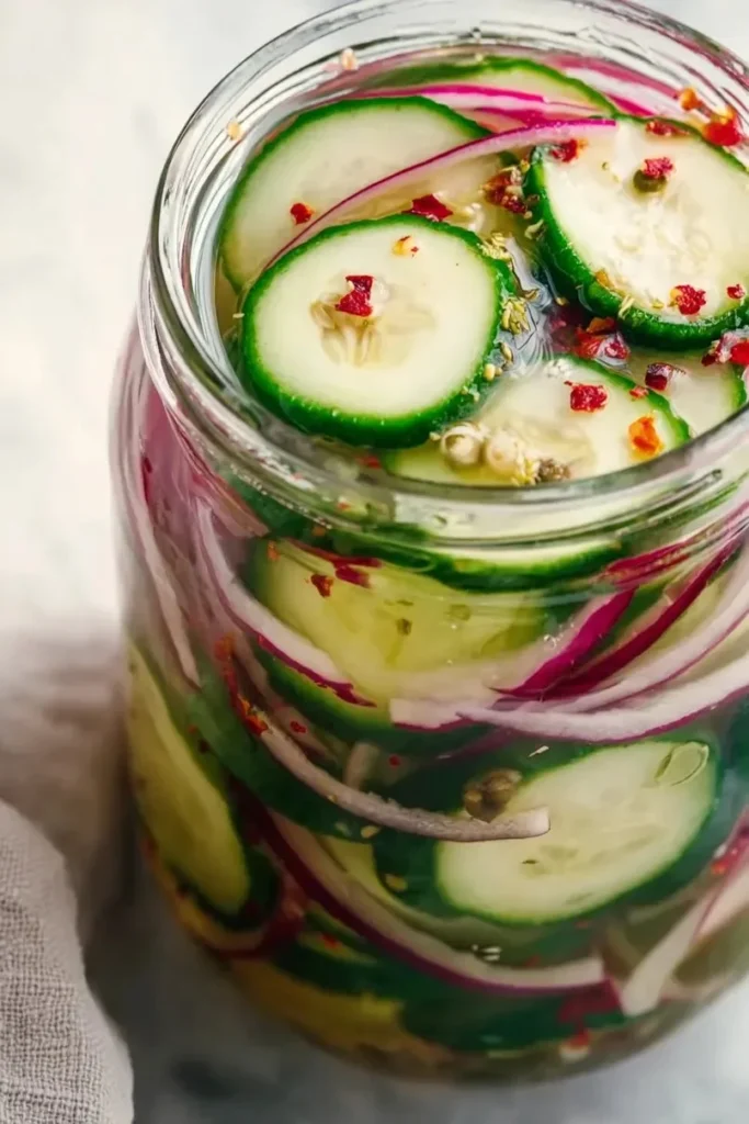 Crispy pickled red onions and cucumbers in a jar for a fresh and tangy garnish.