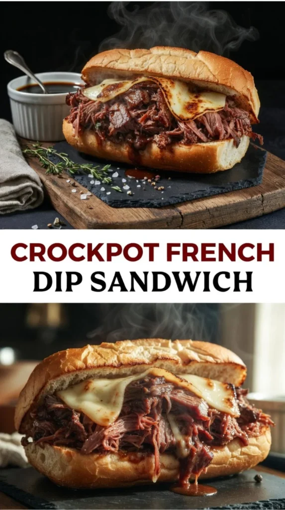 Delicious Crockpot French Dip Sandwich served with au jus for dipping