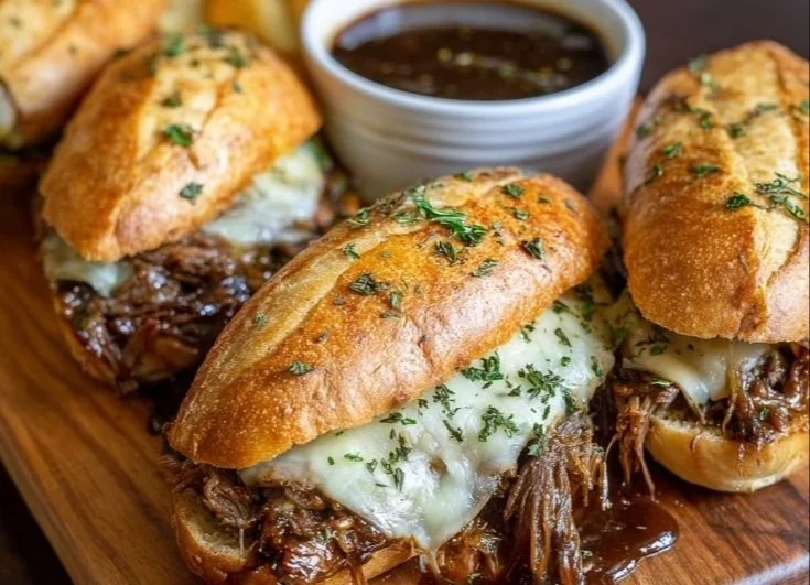 Delicious Crockpot French Dip Sandwich topped with melted cheese on a fresh roll
