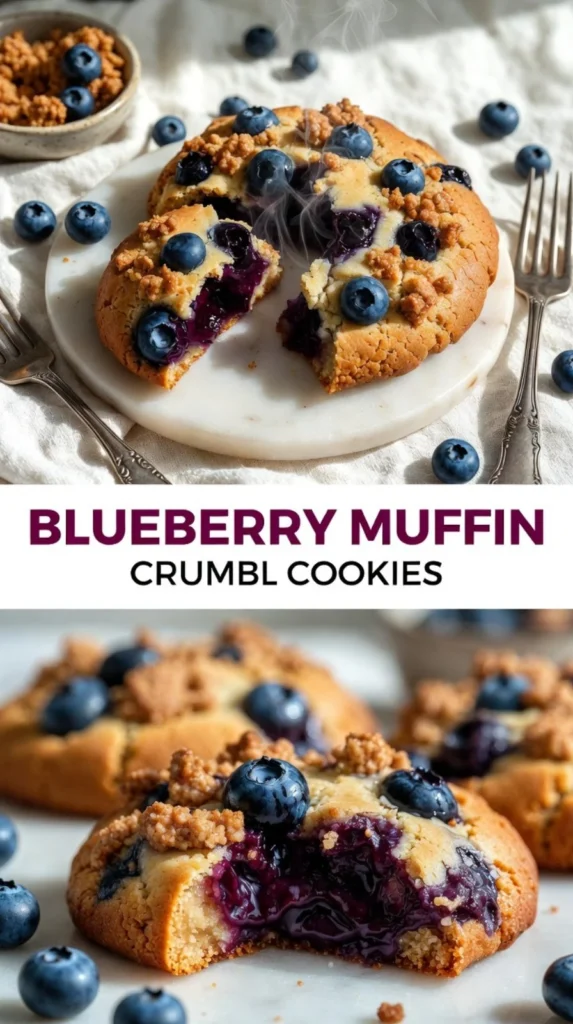 Crumbl blueberry muffin cookies topped with streusel on a white plate