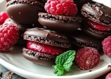 Dark chocolate raspberry macarons displayed elegantly on a dessert tray.