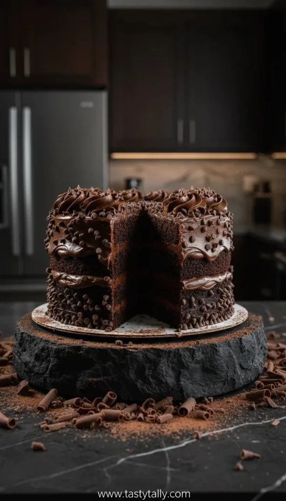 Decadent Death by Chocolate Cake topped with rich chocolate ganache.