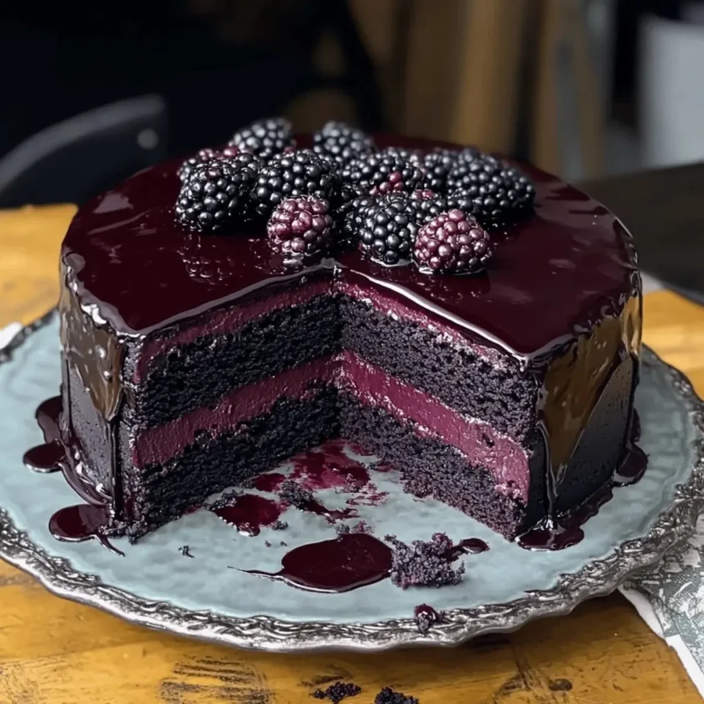 Decadent blackberry velvet cake with dark chocolate ganache topping and Gothic design