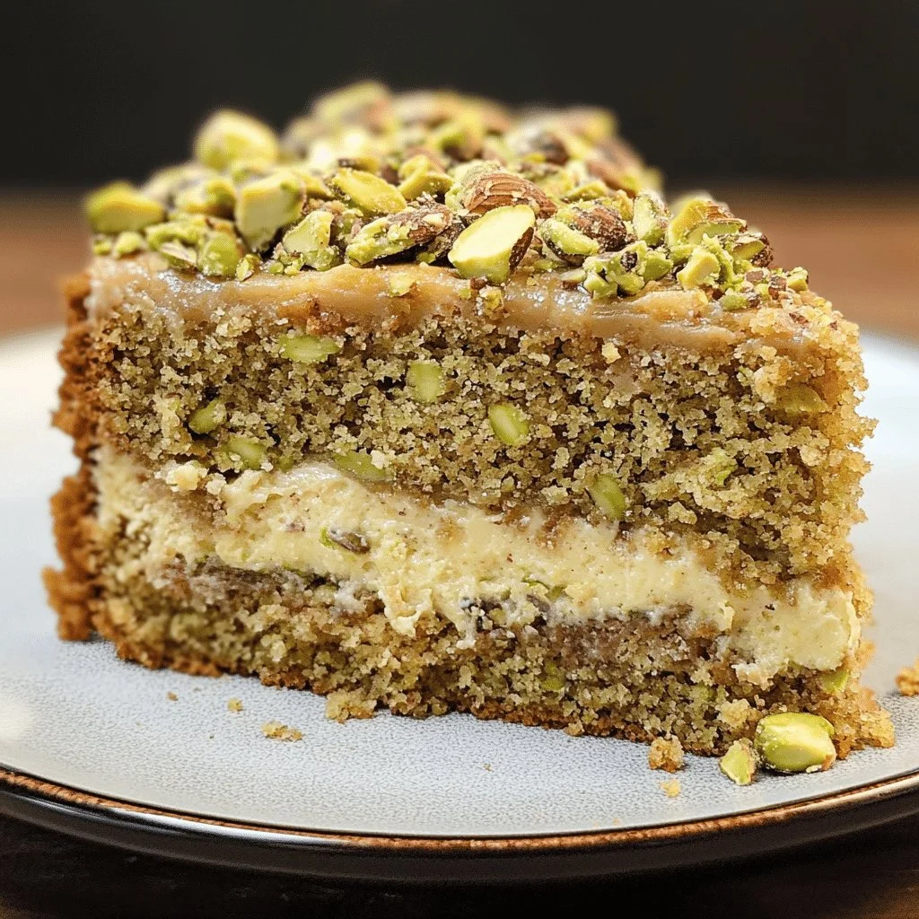 Decadent pistachio coffee cake baked with nuts and coffee flavor