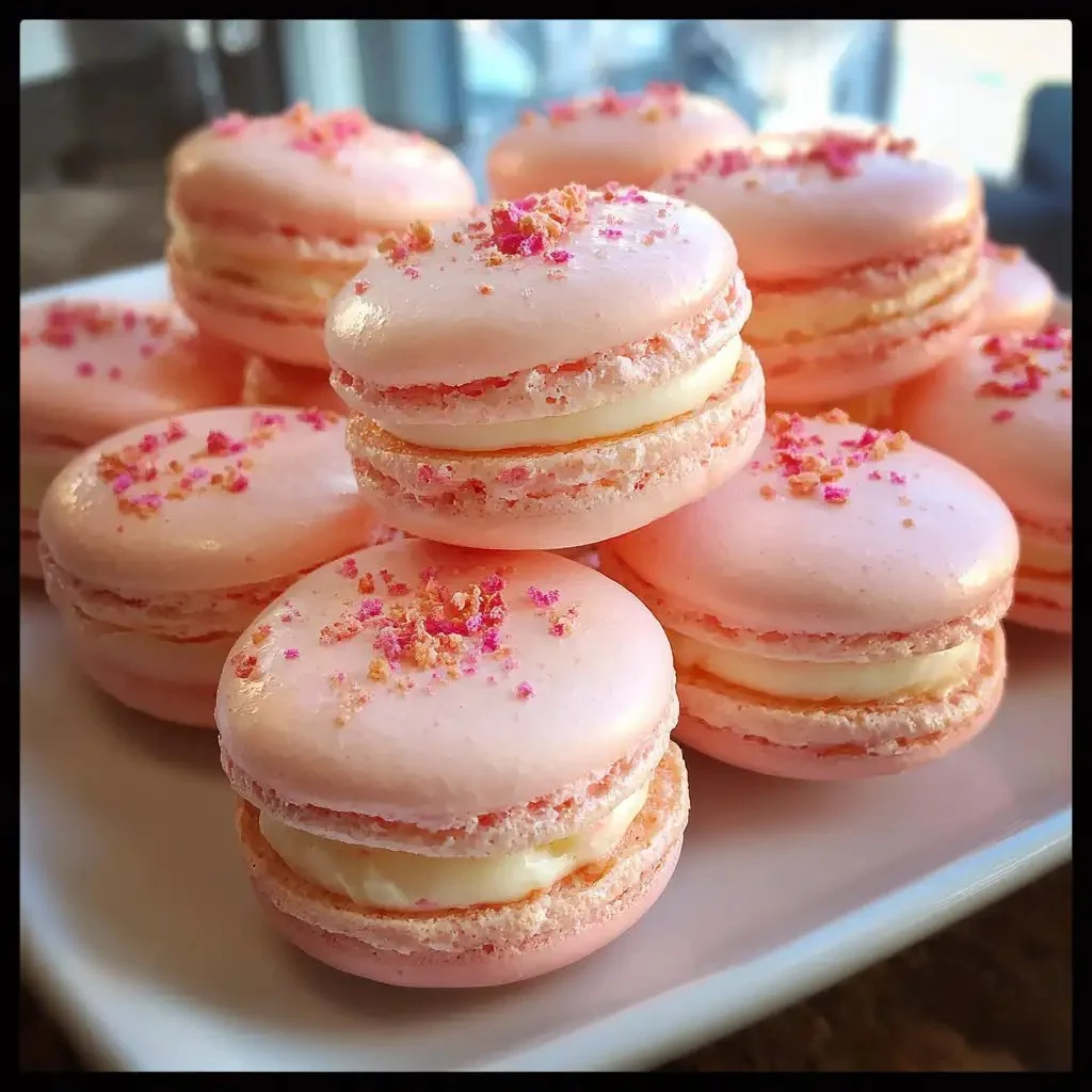 Decadent strawberry cheesecake macarons with creamy filling and fresh strawberries.