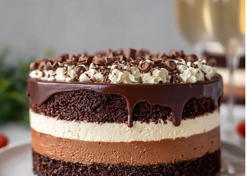Decadent tuxedo cake featuring rich layers of chocolate and vanilla frosting