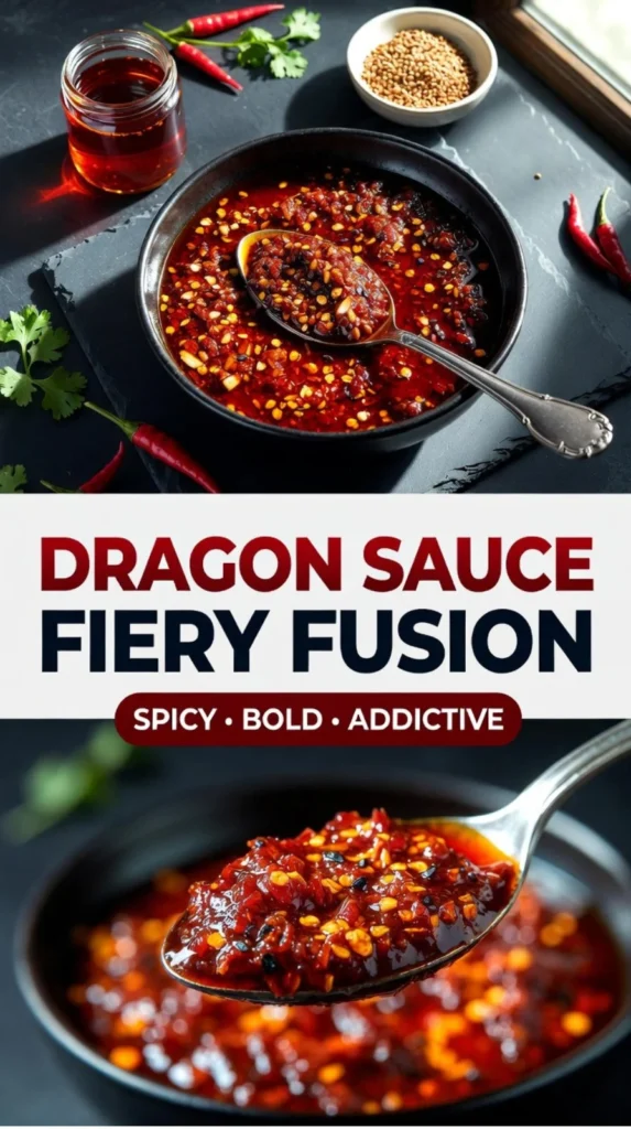 Bottle of Dragon Sauce with a fiery logo and spicy ingredients around it.