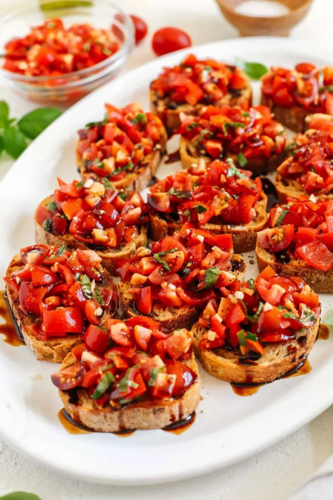 Delicious tomato and basil bruschetta topped on toasted bread slices
