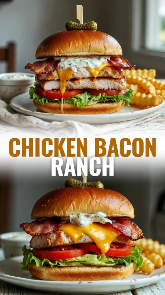 Delicious chicken bacon ranch sandwich topped with cheese and fresh ingredients.