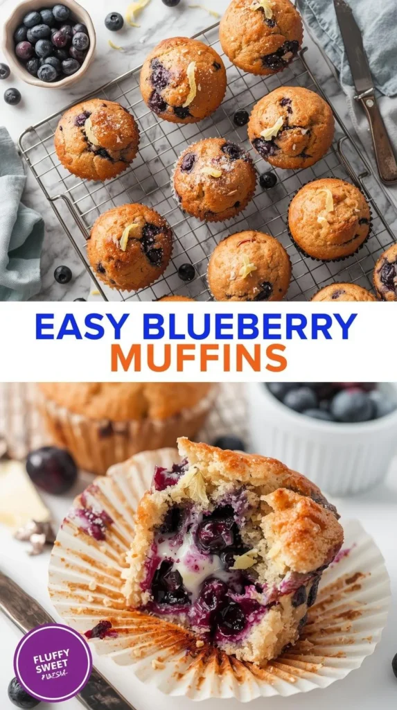 Freshly baked easy blueberry muffins topped with blueberries