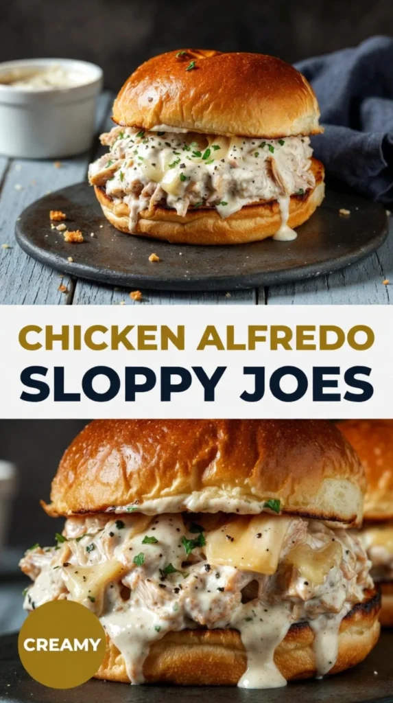 Delicious Chicken Alfredo Sloppy Joes on a plate with fresh herbs.