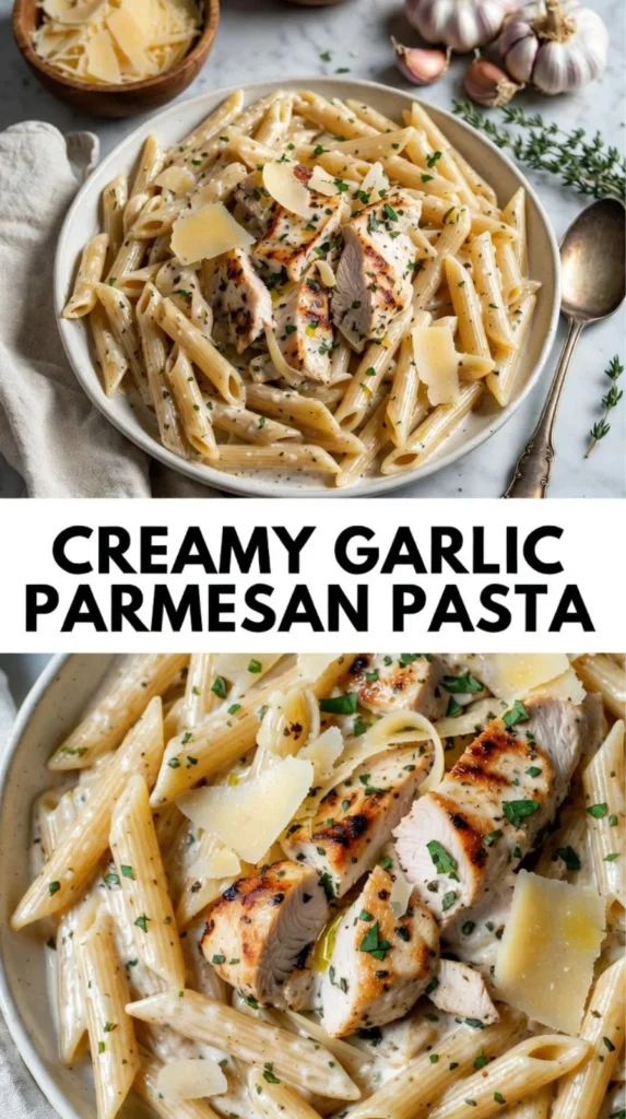 Creamy chicken garlic parmesan pasta served in a bowl
