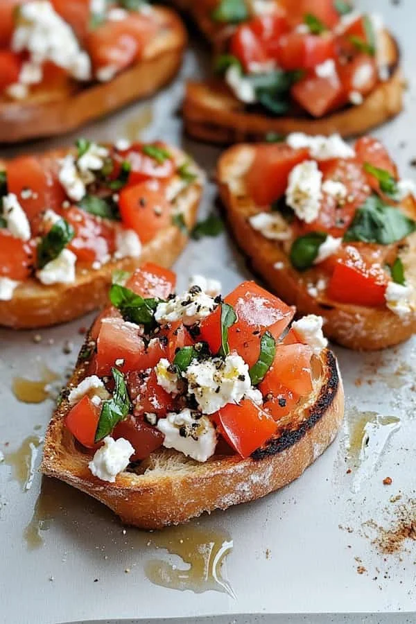 Delicious easy Italian bruschetta topped with fresh mozzarella and tomatoes.