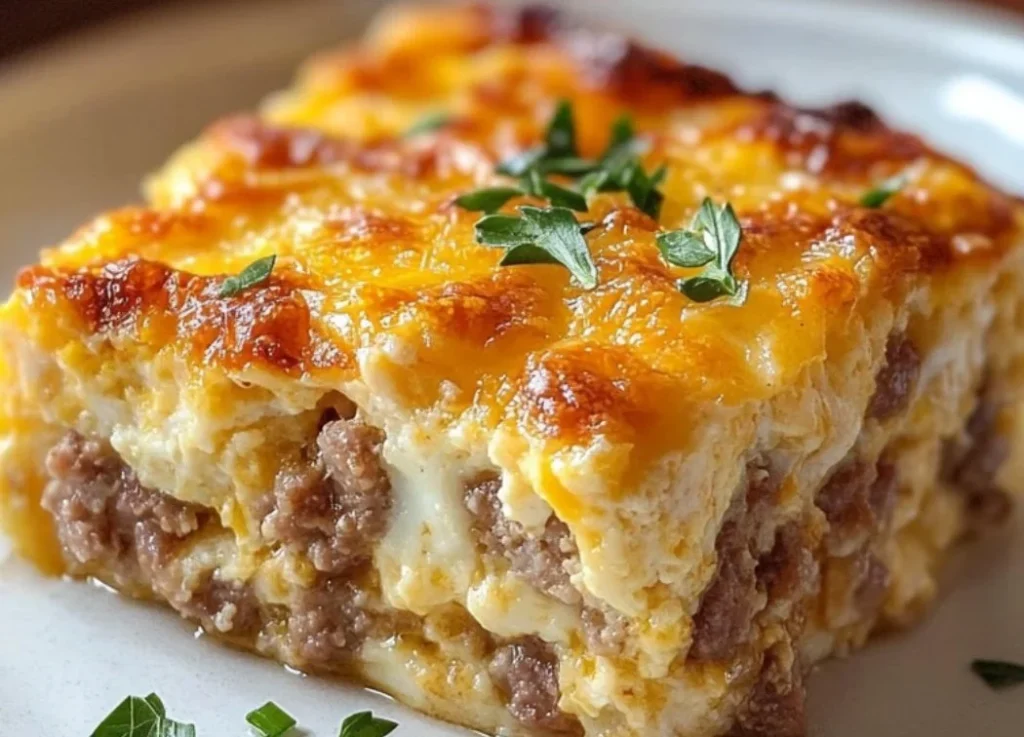 Delicious easy sausage and egg casserole topped with cheese and herbs