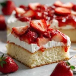 Easy strawberry shortcake sheet cake topped with fresh strawberries and whipped cream.