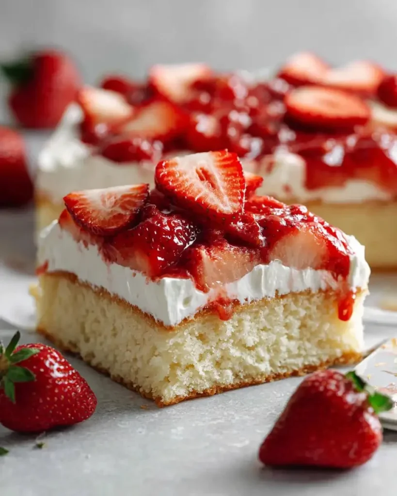 Easy strawberry shortcake sheet cake topped with fresh strawberries and whipped cream.