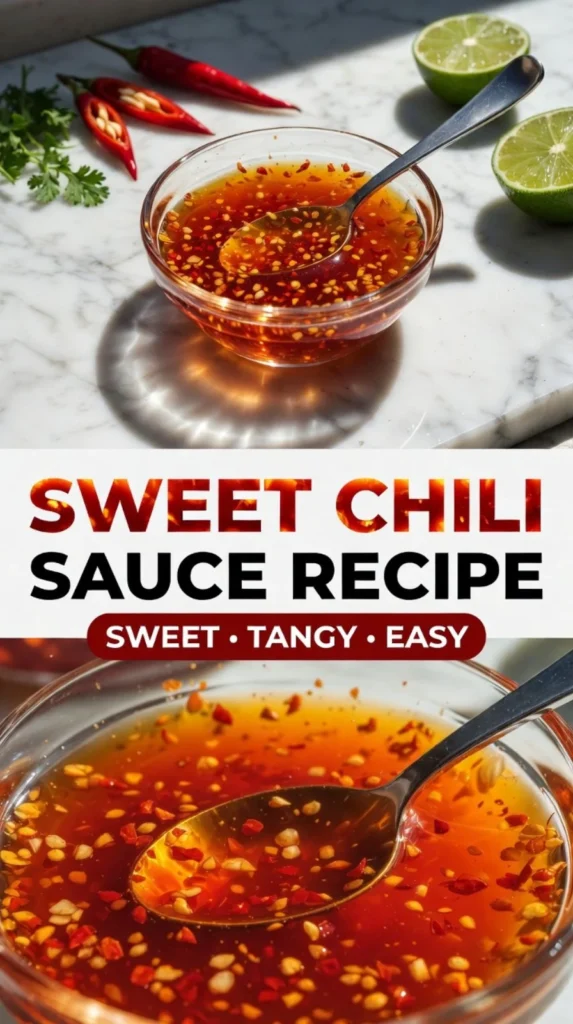 Homemade easy sweet chili sauce in a glass jar with fresh ingredients