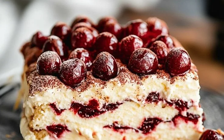 Elegant Cherry Amaretto Tiramisu dessert with cherries and amaretto layers