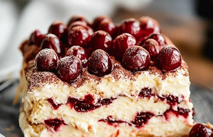 Elegant cherry amaretto tiramisu dessert garnished with cherries and cocoa powder