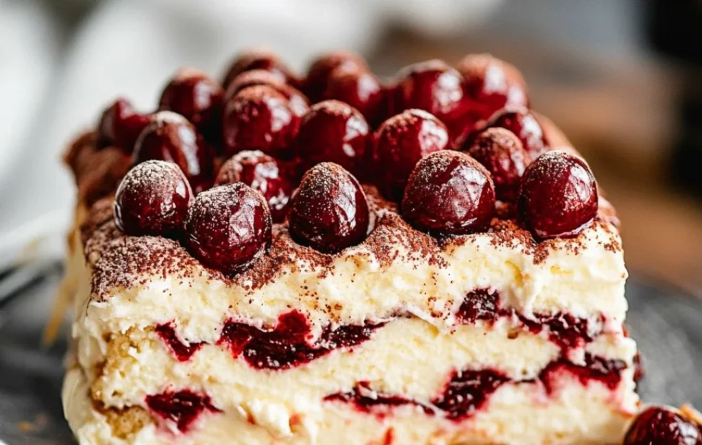 Elegant Cherry Amaretto Tiramisu served in a glass