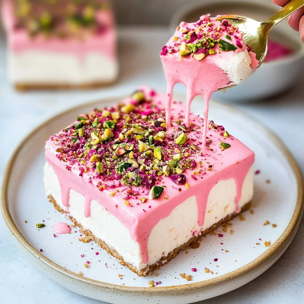 Slice of enchanting pistachio rose milk cake decorated with rose petals and pistachios
