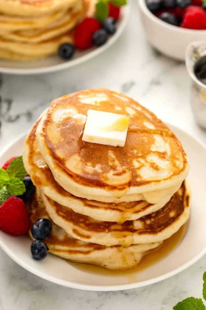 Delicious fluffy pancakes stacked on a plate with syrup and berries
